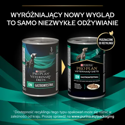 Dwie puszki Purina Pro Plan Veterinary Diets EN Gastrointestinal dla psów, stary i nowy wygląd opakowania. Napis: Przeznaczone do recyklingu.