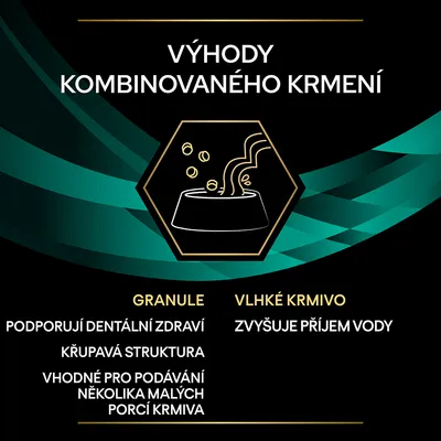Výhody kombinovaného kŕmenia: granule podporujú dentálne zdravie, chrumkavá štruktúra, vhodné na podávanie viacerých malých porcií; vlhké krmivo zvyšuje príjem vody. Text v češtine.