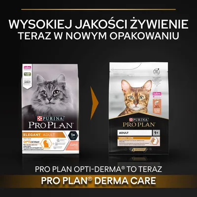 Zmiana opakowania karmy dla kotów: Purina Pro Plan Opti-Derma Adult Elegant 1+ na Purina Pro Plan Derma Care Adult 1+. Widoczne nowe i stare opakowanie oraz informacja o zmianie nazwy.