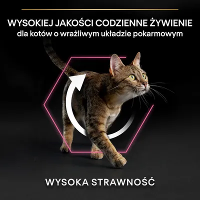WYSOKIEJ JAKOŚCI CODZIENNE ŻYWIENIE dla kotów o wrażliwym układzie pokarmowym. WYSOKA STRAWNOŚĆ
