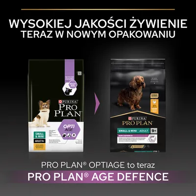 Purina Pro Plan OptiAge Small & Mini Adult 9+ zmienia nazwę i opakowanie na Pro Plan Age Defence Small & Mini Adult 9+. Informacja o nowym wyglądzie produktu.