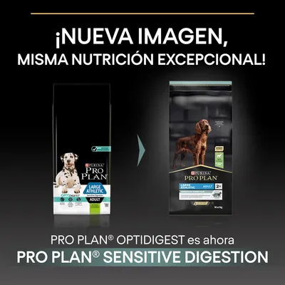 Comparativa de envases: Purina Pro Plan OptiDigest Large Athletic Adult cambia a Pro Plan Sensitive Digestion Large Athletic Adult. Texto: ¡Nueva imagen, misma nutrición excepcional!