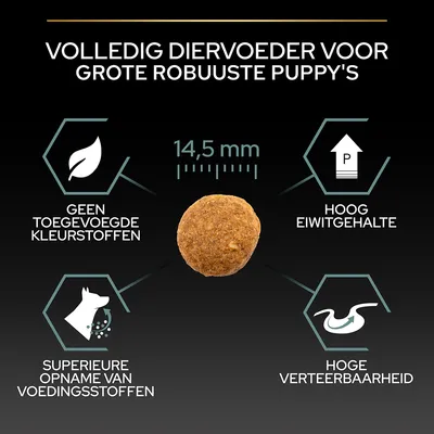 Volledig diervoeder voor grote robuuste puppy's, brok 14,5 mm. Geen toegevoegde kleurstoffen, hoog eiwitgehalte, superieure opname van voedingsstoffen, hoge verteerbaarheid.