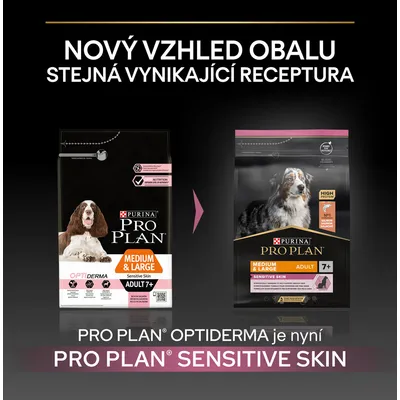 Porovnání starého a nového obalu krmiva Purina Pro Plan Medium & Large Adult 7+ Sensitive Skin. Text: Nový vzhled obalu, stejná vynikající receptura.