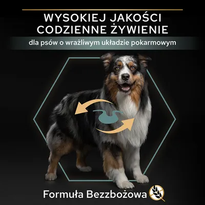 Wysokiej jakości codzienne żywienie dla psów o wrażliwym układzie pokarmowym. Formuła bezzbożowa.