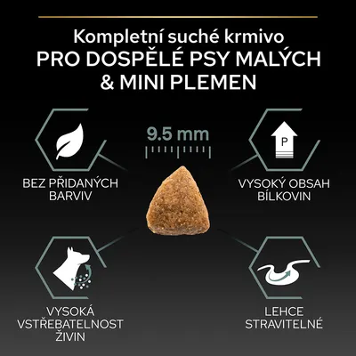 Granula s priemerom 9,5 mm. Text v češtine: Kompletní suché krmivo pro dospělé psy malých & mini plemen, bez přidaných barviv, vysoký obsah bílkovin, vysoká vstřebatelnost živin, lehce stravitelné.