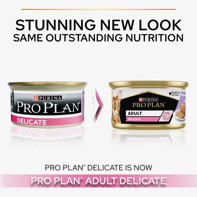 Purina Pro Plan Delicate byter namn och utseende till Pro Plan Adult Delicate. Bild på gamla och nya förpackningen med texten 'Stunning new look, same outstanding nutrition'.