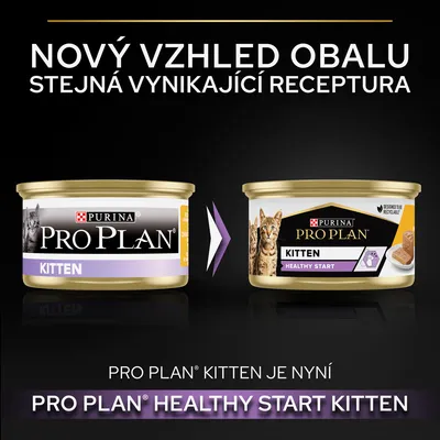 Porovnanie starého a nového obalu Purina Pro Plan Kitten, nový názov: Pro Plan Healthy Start Kitten. Text v češtine: Nový vzhled obalu, stejná vynikající receptura.