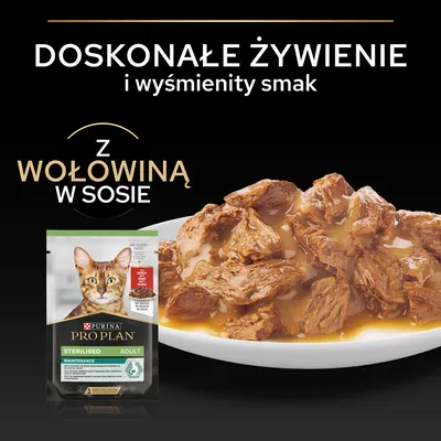 Purina Pro Plan Sterilised Adult karma dla kotów z wołowiną w sosie, opakowanie i kawałki mięsa na talerzu. Tekst: Doskonałe żywienie i wyśmienity smak, z wołowiną w sosie.