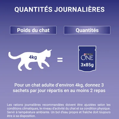 Instrucțiuni de hrănire: pentru o pisică adultă de 4 kg, oferiți 3 plicuri Purina ONE 3x85g pe zi, împărțite în cel puțin 2 mese. Textul este în limba franceză.