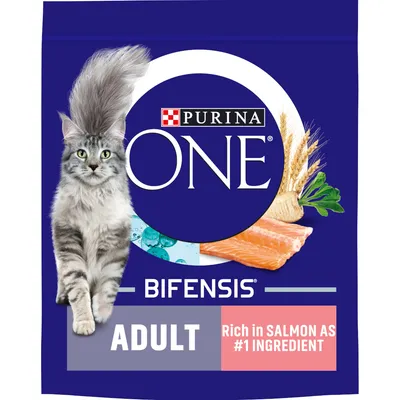 Purina One Bifensis Adult, rich in salmon as number one ingredient, shown with a cat and images of salmon, grains, and greens on the packaging.