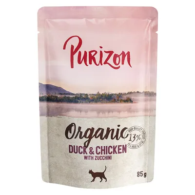Purizon Organic Duck & Chicken med zucchini, 85g. Højt proteinindhold: 13%, 25% kød og grøntsager. Kattefoder i premiumkvalitet.