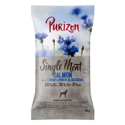 Purizon Single Meat Salmon with Cornflower Blossoms, 65% pesce e ingredienti animali, 35% frutta e verdura, 0% cereali, confezione da 100 g. Testo in inglese.