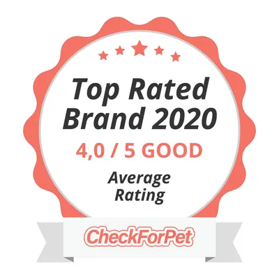 Top Rated Brand 2020, 4,0 / 5 GOOD, Average Rating, CheckForPet. Текстът е на английски език.