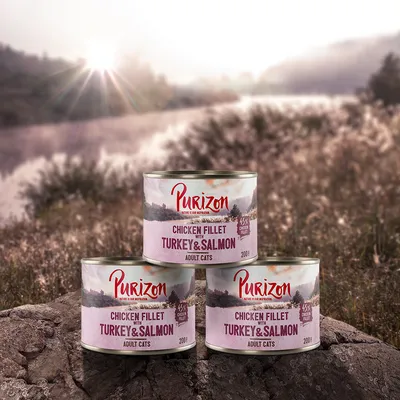 Trzy puszki Purizon Chicken Fillet with Turkey & Salmon Adult Cats 200 g, widoczny napis: 45% chicken fillet. Opakowania ustawione na tle natury.