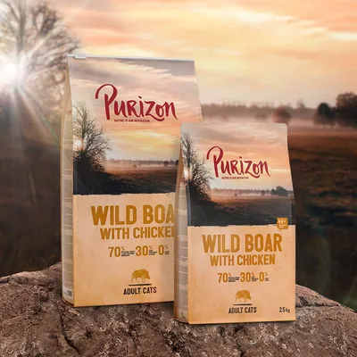 Purizon Wild Boar with Chicken, suha hrana za odrasle mačke. 70% mesa, 30% povrća, 0% žitarica. Pakiranja: 2,5 kg i veće pakiranje vidljivo.