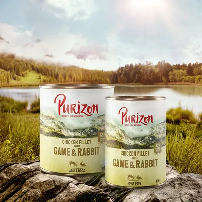 Purizon Chicken Fillet with Game & Rabbit, adult dogs, 45% chicken fillet. Cans in 800g and 400g against natural background.