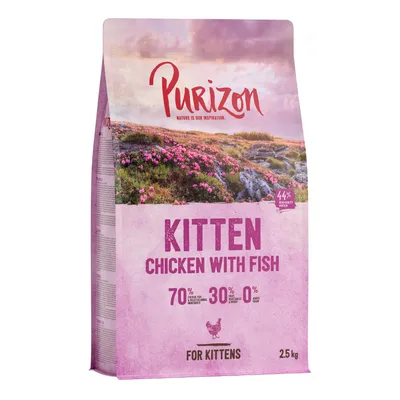 Purizon Kitten Chicken with Fish, 2,5 kg. 70 % carne și pește, 30 % fructe și legume, 0 % cereale. Pentru pisoi. Text în engleză pe ambalaj.