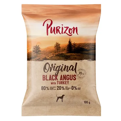 Purizon Original Black Angus with Turkey, 80% black angus, pollame, uovo; 20% frutta, verdure, erbe; 0% cereali aggiunti. Confezione da 100 g per cani.
