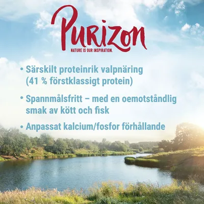 Purizon. Särskilt proteinrik valpnäring (41 % förstklassigt protein). Spannmålsfritt – med en oemotståndlig smak av kött och fisk. Anpassat kalcium/fosfor förhållande.