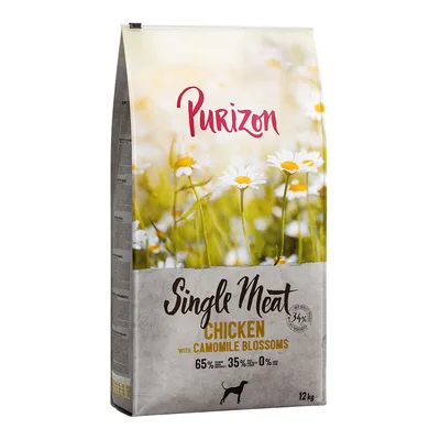 Purizon Single Meat Chicken with Camomile Blossoms, 65 % животински протеини, 35 % растителни съставки, 0 % зърно, 12 кг. Текстът е на английски.