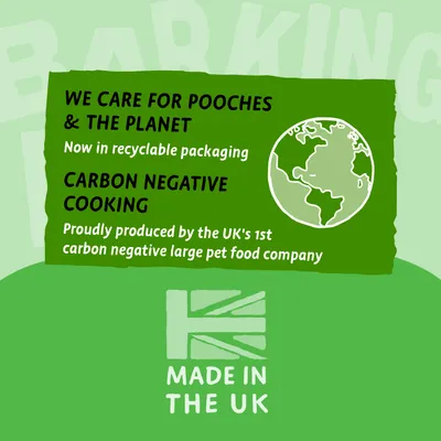 Now in recyclable packaging. Carbon negative cooking. Produced by the UK's first carbon negative large pet food company. Made in the UK.