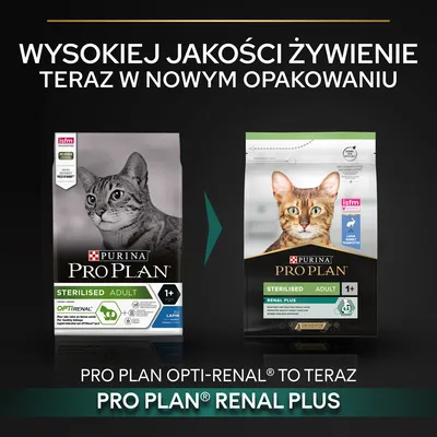Porównanie opakowań karmy Purina Pro Plan Sterilised Adult 1+ dla kotów: stare OPTIRENAL i nowe RENAL PLUS. Napis: Wysokiej jakości żywienie teraz w nowym opakowaniu. Porównanie opakowań karmy Purina Pro Plan Sterilised Adult 1+ dla kotów: stare OPTIRENAL i nowe RENAL PLUS. Napis: Wysokiej jakości żywienie teraz w nowym opakowaniu.