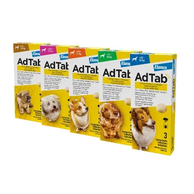 AdTab Elanco kauwtabletten voor honden, verpakkingen voor 1,3–2,5 kg, >2,5–5,5 kg, >5,5–11 kg, >11–22 kg en >22–45 kg, elk met afbeelding van een hond en 3 tabletten per doos.