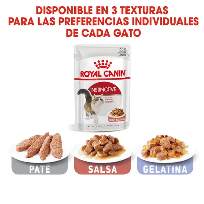 Royal Canin Instinctive para gatos adultos, disponible en 3 texturas: paté, salsa y gelatina. Texto: Disponible en 3 texturas para las preferencias individuales de cada gato.