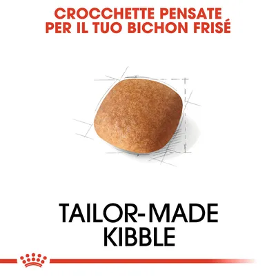 CROCCHETTE PENSATE PER IL TUO BICHON FRISÉ. TAILOR-MADE KIBBLE. Crocchetta singola di forma quadrata su sfondo bianco con schizzi tecnici.