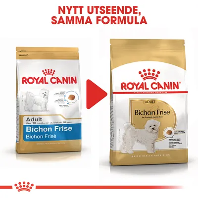 Royal Canin Bichon Frise Adult hundfoder, bild på gammal och ny förpackning med texten: Nytt utseende, samma formula. Synlig produktinformation på båda påsarna.