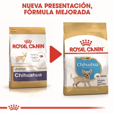 Comparativa de dos envases de Royal Canin Chihuahua para cachorros: Junior y Puppy. Texto visible: 'Nueva presentación, fórmula mejorada'.