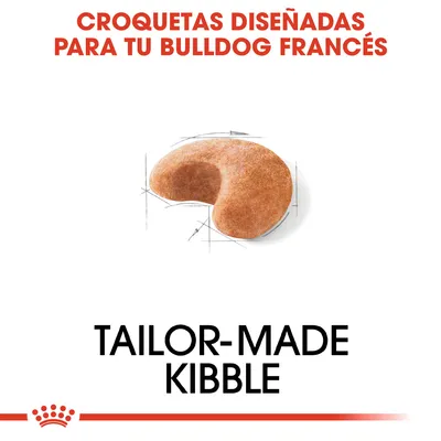 Croquetas diseñadas para tu Bulldog Francés. Tailor-made kibble. Imagen de una croqueta en forma de media luna.