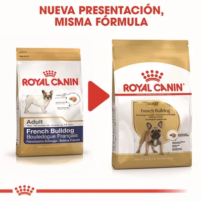 Dos envases de Royal Canin French Bulldog Adult con diferente diseño. Texto: 'Nueva presentación, misma fórmula'. Ambos muestran un bulldog francés y el nombre del producto en varios idiomas.