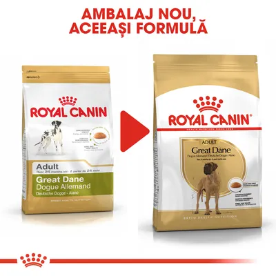 Ambalaj nou pentru Royal Canin Adult Great Dane, aceeași formulă. Imagine cu vechiul și noul ambalaj, text vizibil: 'AMBALAJ NOU, ACEEAȘI FORMULĂ'.