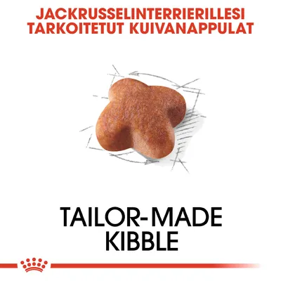 JACKRUSSELINTERRIERILLE TARKOITETUT KUIVANAPPULAT, yksi nappula kuvattuna. Teksti: TAILOR-MADE KIBBLE.