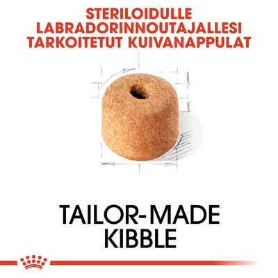 Steriloidulle labradorinnoutajallesi tarkoitetut kuivanappulat. Tailor-made kibble. Yksi pyöreä nappula, Royal Canin -brändi.