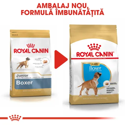 Ambalaj vechi și nou pentru Royal Canin Boxer Junior/Puppy, cu text: Ambalaj nou, formulă îmbunătățită. Ambele pungi afișează un cățel Boxer și denumirea produsului.