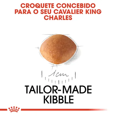 Croquete concebido para Cavalier King Charles, diâmetro de 1 cm. Texto visível: 'TAILOR-MADE KIBBLE'.