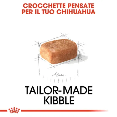 CROCCHETTE PENSATE PER IL TUO CHIHUAHUA, crocchetta singola con dimensione indicata 1 cm, testo: TAILOR-MADE KIBBLE.