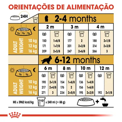 Tabela de orientações de alimentação para cães por peso adulto (10, 12, 16 kg) e idade (2–12 meses), com doses diárias em gramas e chávenas. 1 chávena = 240 ml (≈88 g). Tabela de orientações de alimentação para cães por peso adulto (10, 12, 16 kg) e idade (2–12 meses), com doses diárias em gramas e chávenas. 1 chávena = 240 ml (≈88 g).