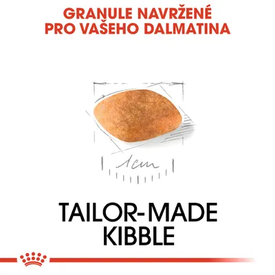Granule navržené pro vašeho dalmatina, obrázek granule s měřítkem 1 cm, text: TAILOR-MADE KIBBLE