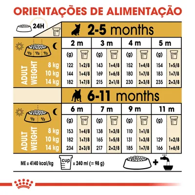 Tabela de orientações de alimentação para cachorros de 2 a 11 meses, com doses diárias em gramas e chávenas, por peso adulto (8, 10, 14 kg) e idade. 1 chávena = 240 ml (≈98 g).