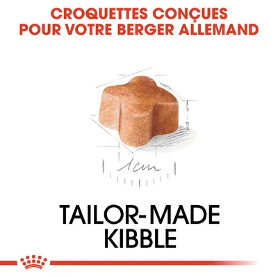 CROQUETTES CONÇUES POUR VOTRE BERGER ALLEMAND, croquette de 1 cm, TAILOR-MADE KIBBLE. Texte partiellement en anglais.