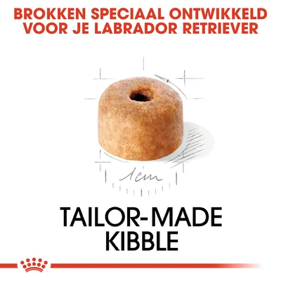 Brokken speciaal ontwikkeld voor je Labrador Retriever, afbeelding van een brok met diameter 1 cm, tekst: TAILOR-MADE KIBBLE.
