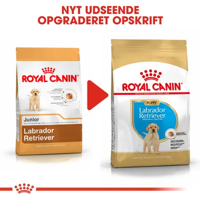 Royal Canin Labrador Retriever Junior og Puppy hundefoderposer. Tekst: NYT UDSEENDE, OPGRADERET OPSKRIFT. Visuel sammenligning af gammel og ny emballage.