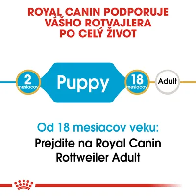Royal Canin podporuje vášho rotvajlera po celý život. Od 18 mesiacov prejdite z Puppy na Royal Canin Rottweiler Adult. Pre šteňatá od 2 do 18 mesiacov.