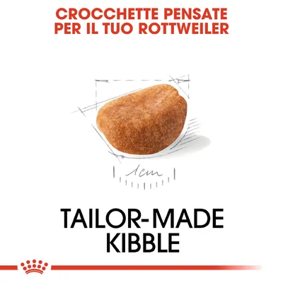 CROCCHETTE PENSATE PER IL TUO ROTTWEILER, immagine di una crocchetta con misura 1 cm, testo: TAILOR-MADE KIBBLE CROCCHETTE PENSATE PER IL TUO ROTTWEILER, immagine di una crocchetta con misura 1 cm, testo: TAILOR-MADE KIBBLE
