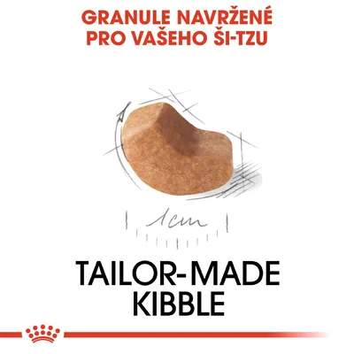 Granule navržené pro vašeho ši-tzu, obrázek granule s popisem 1 cm, text: TAILOR-MADE KIBBLE.
