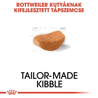 Rottweiler kutyáknak kifejlesztett tápszemcse, alatta angol szöveg: TAILOR-MADE KIBBLE. Egy darab barna tápszemcse rajzolt méretjelöléssel.